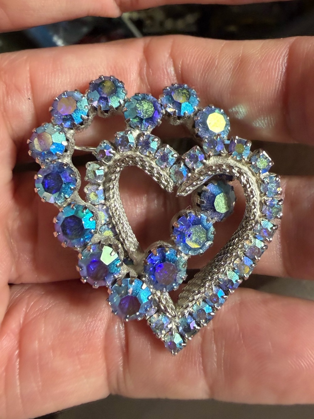 Vintage Silver Tone Double Heart Blue Aurora Borealis Rhinestone Brooch